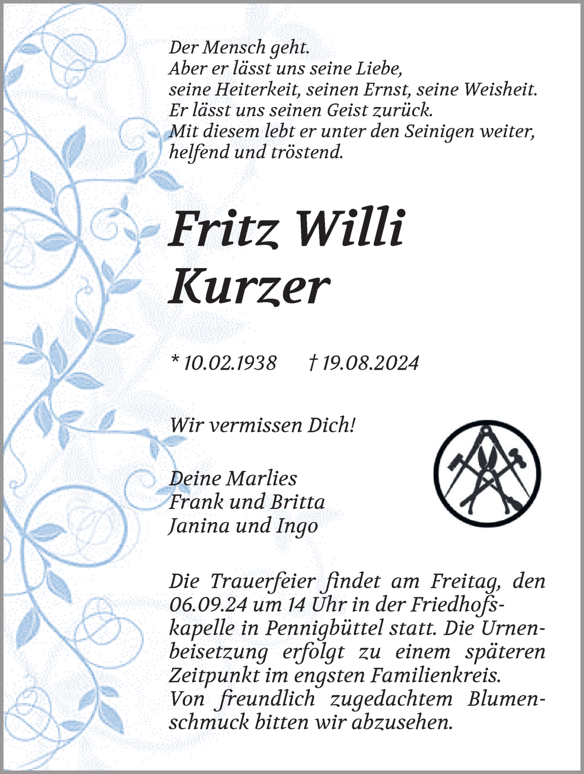  Traueranzeige für Fritz Willi Kurzer vom 30.08.2024 aus Osterholzer Kreisblatt