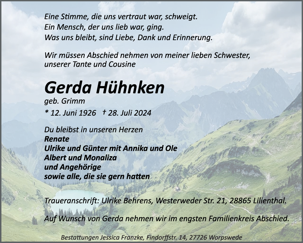 Traueranzeige von Gerda Hühnken von Wuemme Zeitung