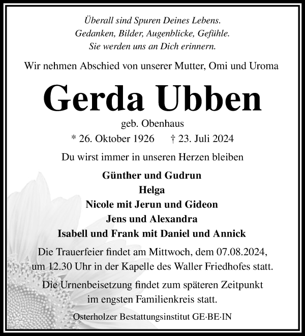 Traueranzeige von Gerda Ubben von WESER-KURIER