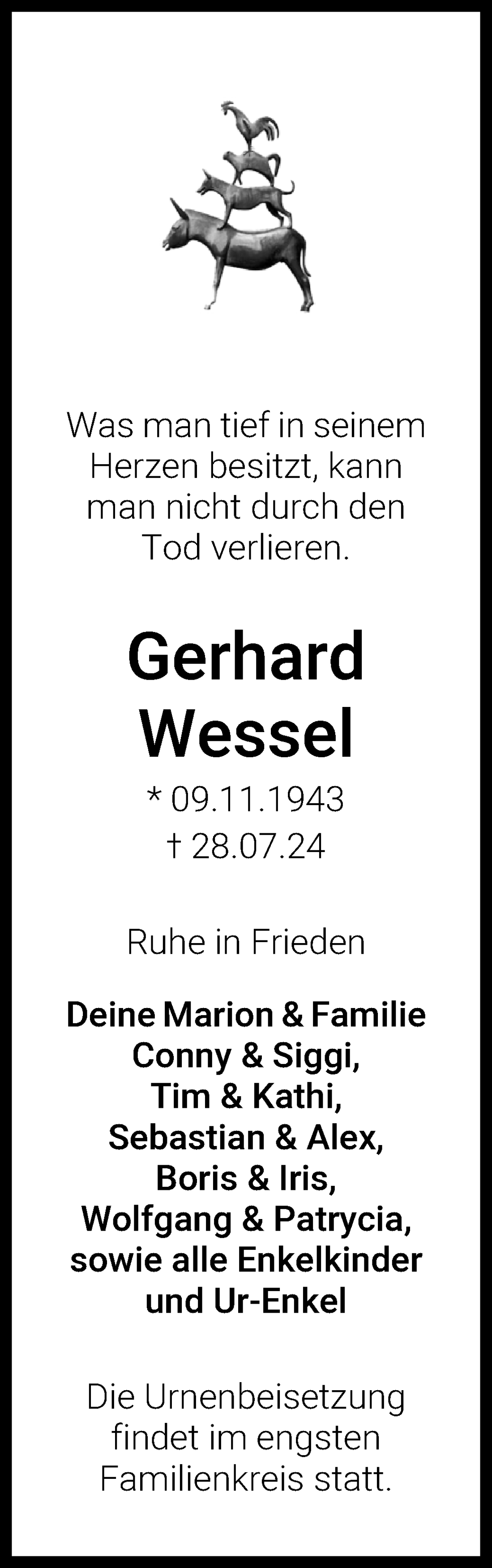 Traueranzeige von Gerhard Wessel von WESER-KURIER