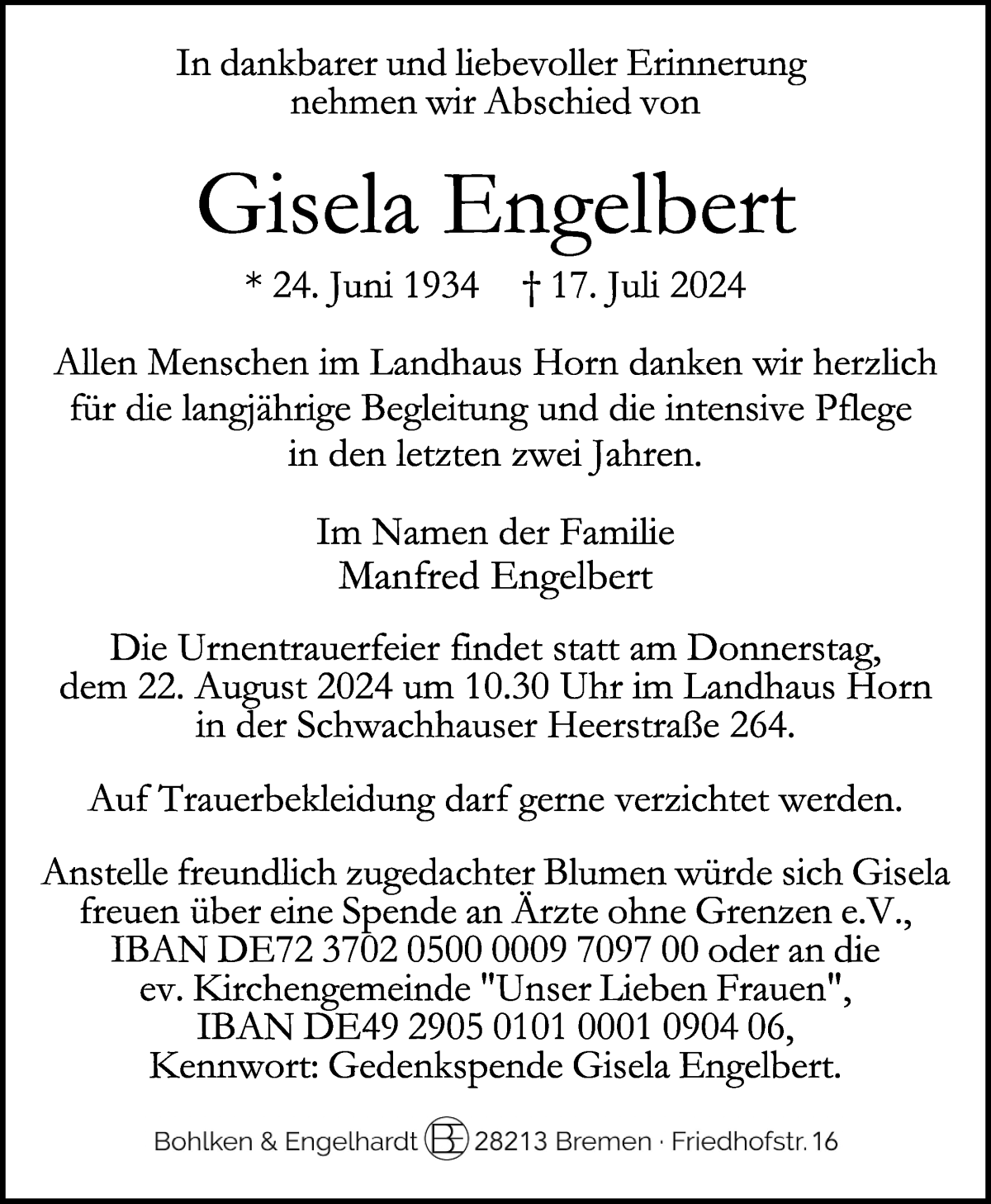 Traueranzeige von Gisela Engelbert von WESER-KURIER