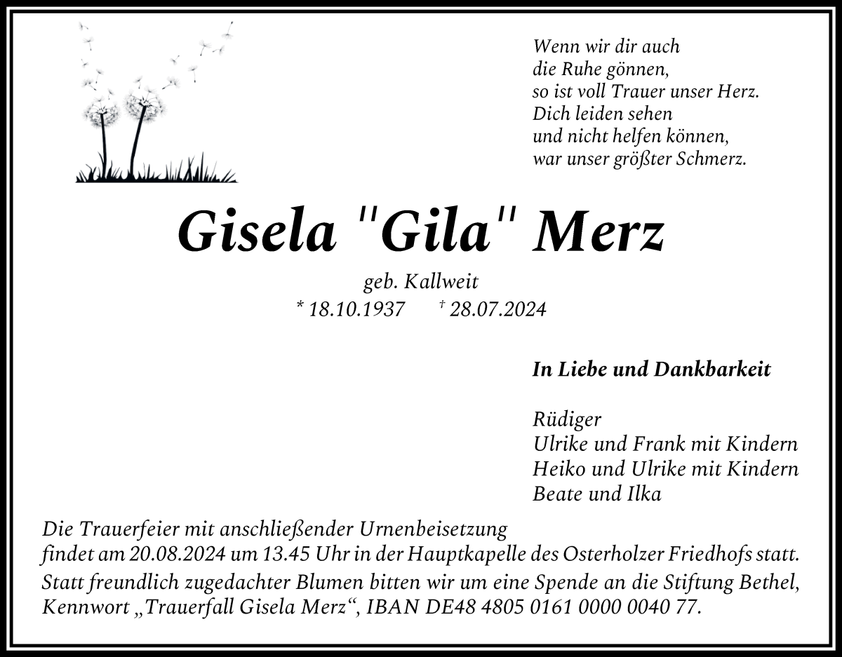 Traueranzeige von Gisela Merz von WESER-KURIER