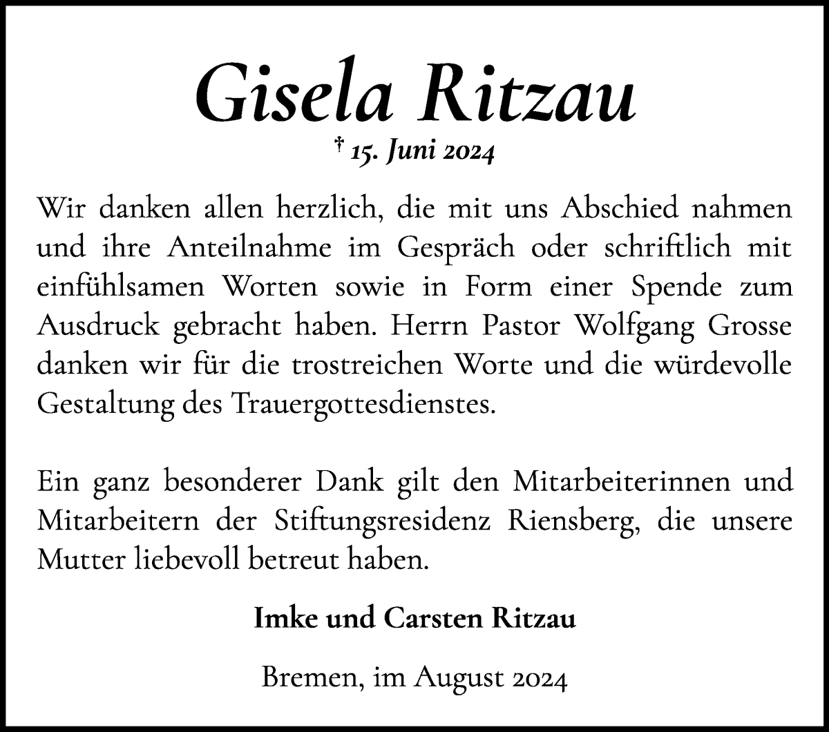 Traueranzeige von Gisela Ritzau von WESER-KURIER