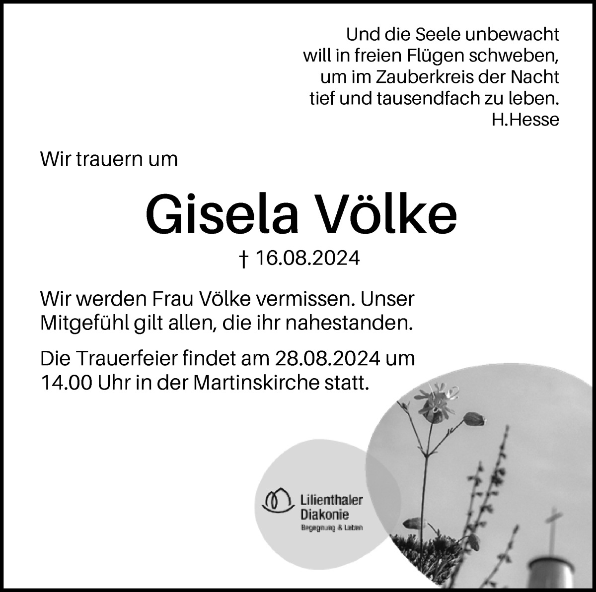 Traueranzeige von Gisela Völke von Wuemme Zeitung