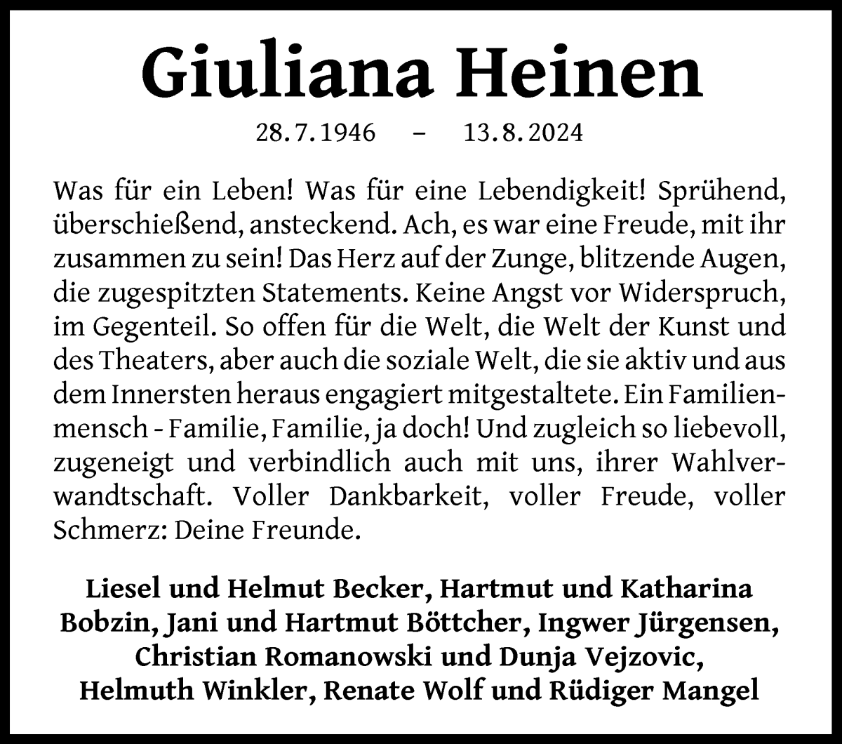  Traueranzeige für Giuliana Heinen vom 24.08.2024 aus WESER-KURIER