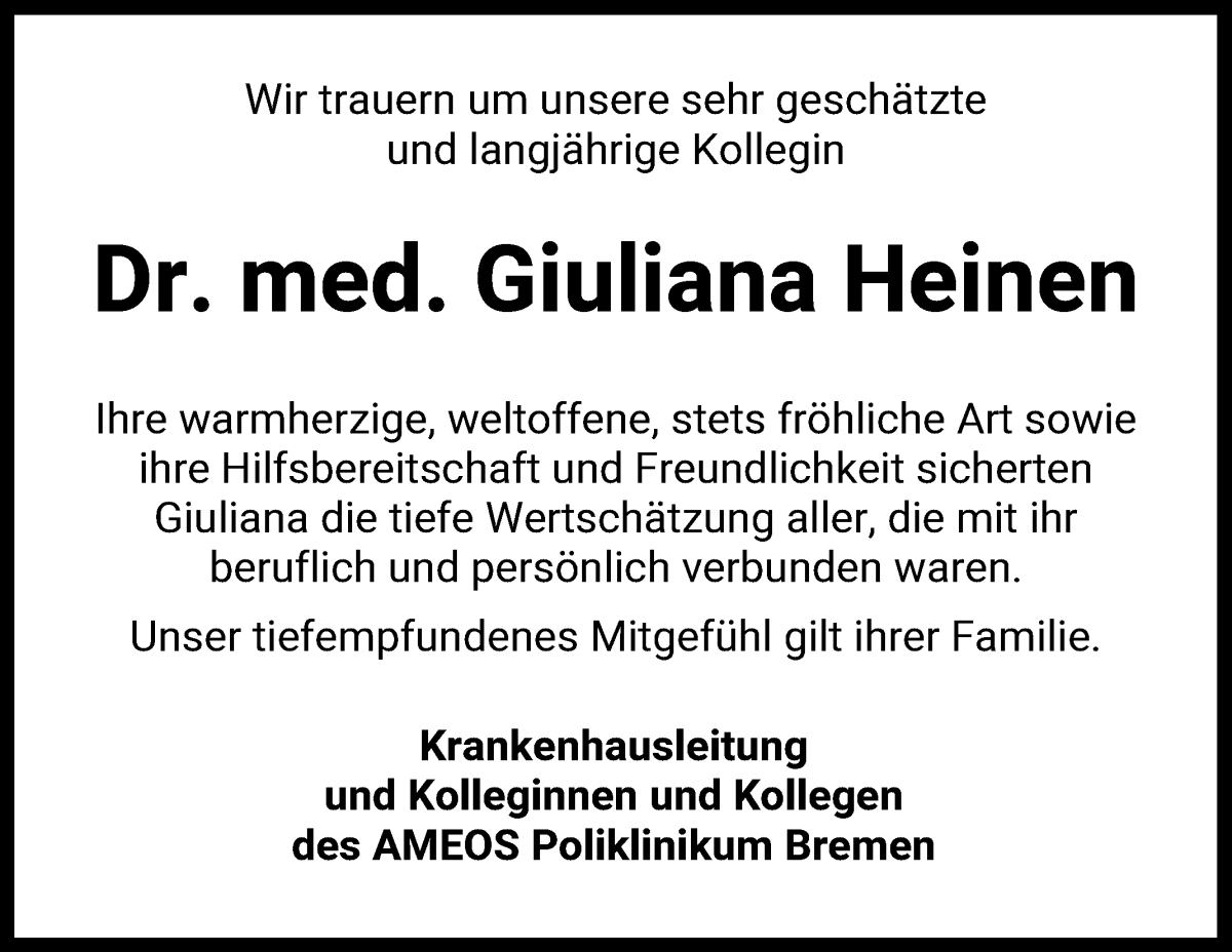 Traueranzeige von Giuliana Heinen von WESER-KURIER