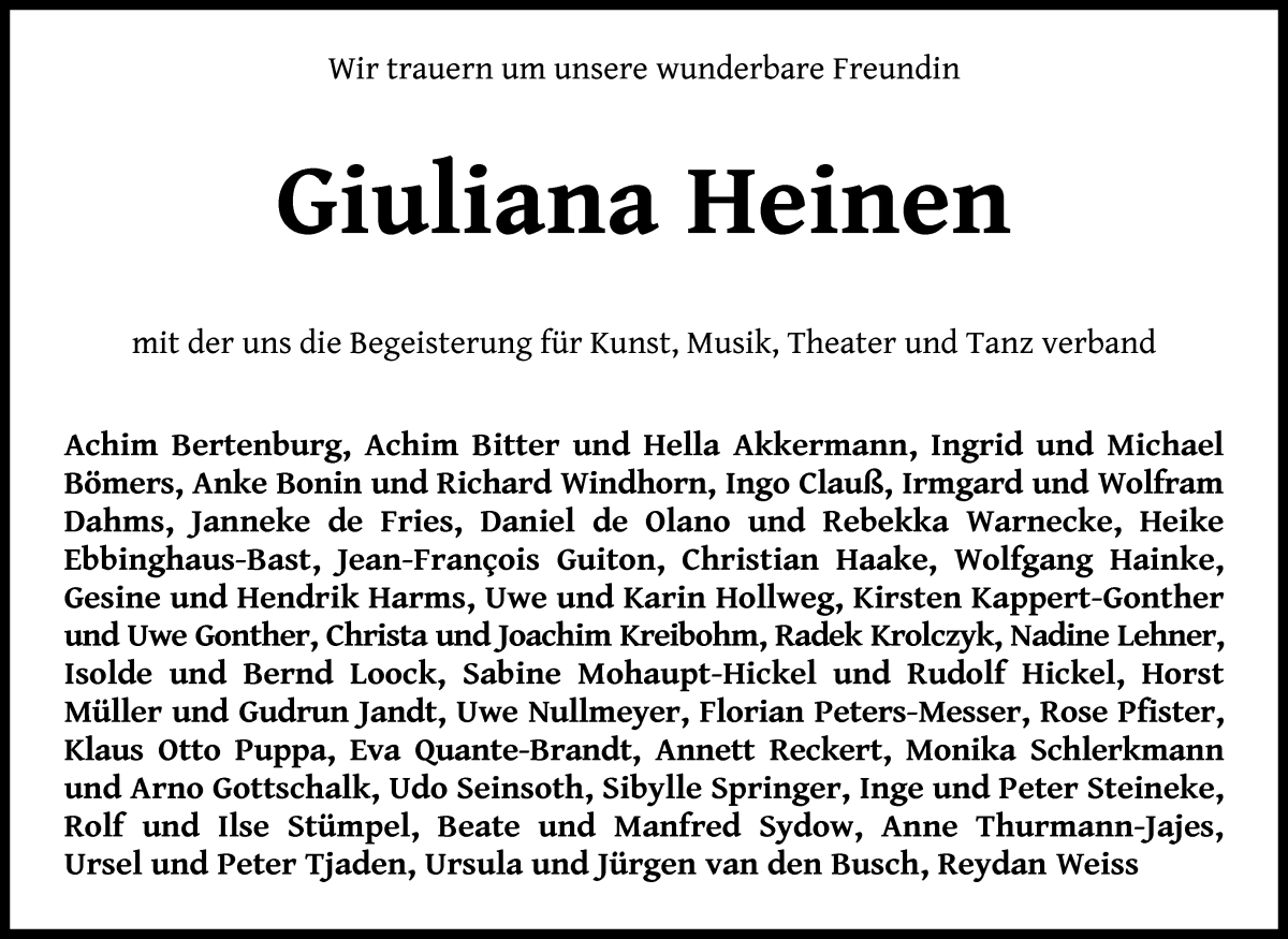  Traueranzeige für Giuliana Heinen vom 24.08.2024 aus WESER-KURIER