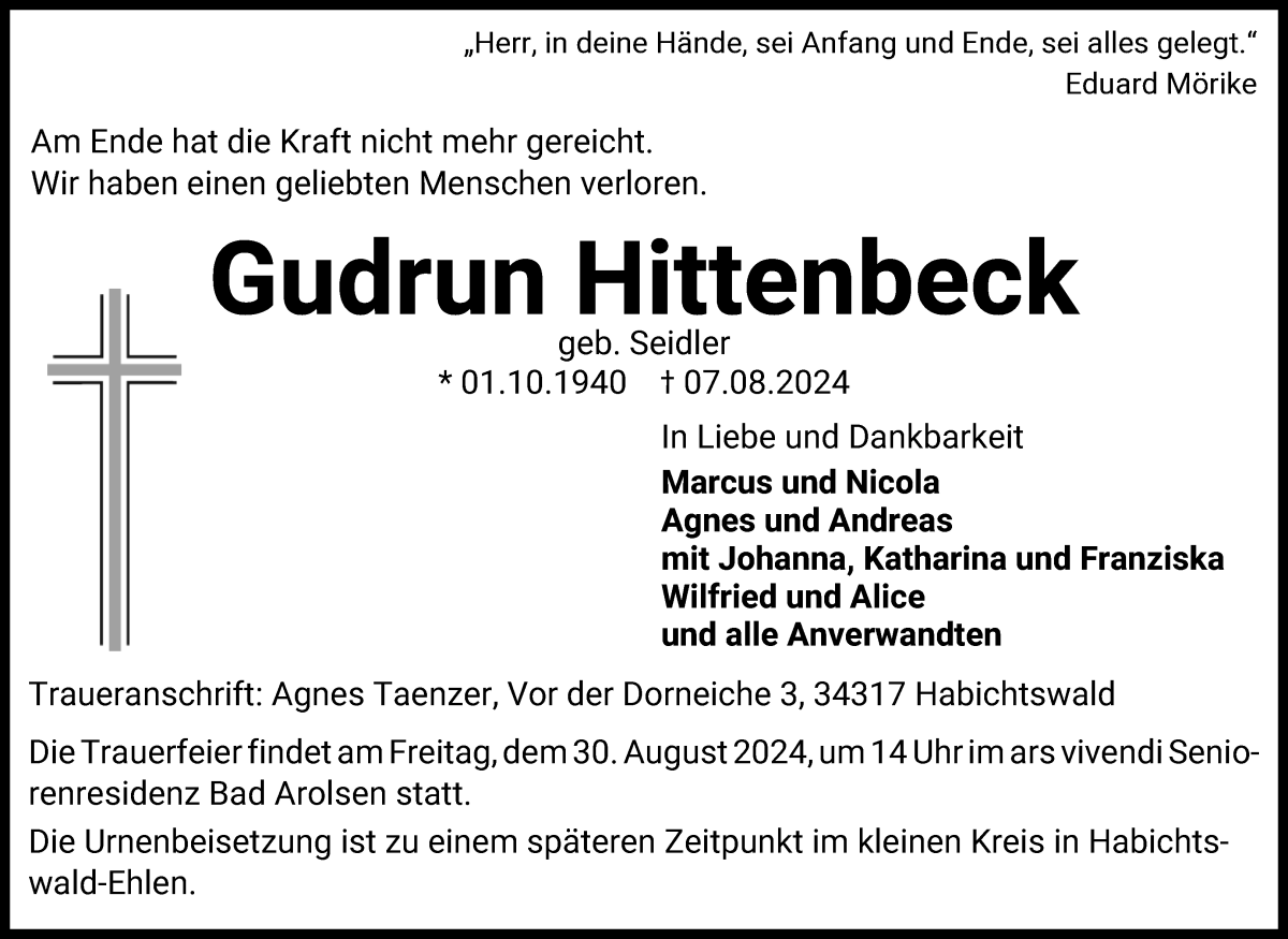 Traueranzeige von Gudrun Hittenbeck von WESER-KURIER