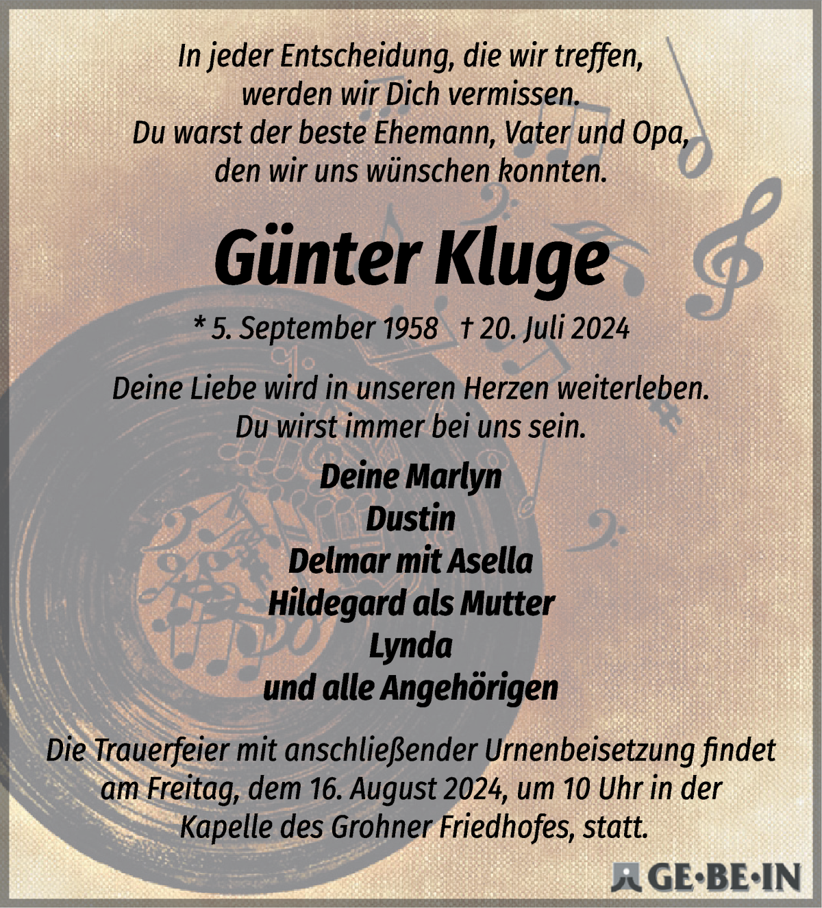 Traueranzeige von Günter Kluge von WESER-KURIER