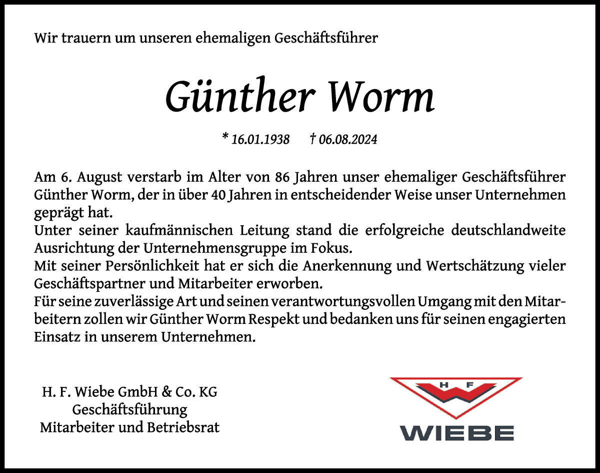 Traueranzeige von Günther Worm von WESER-KURIER