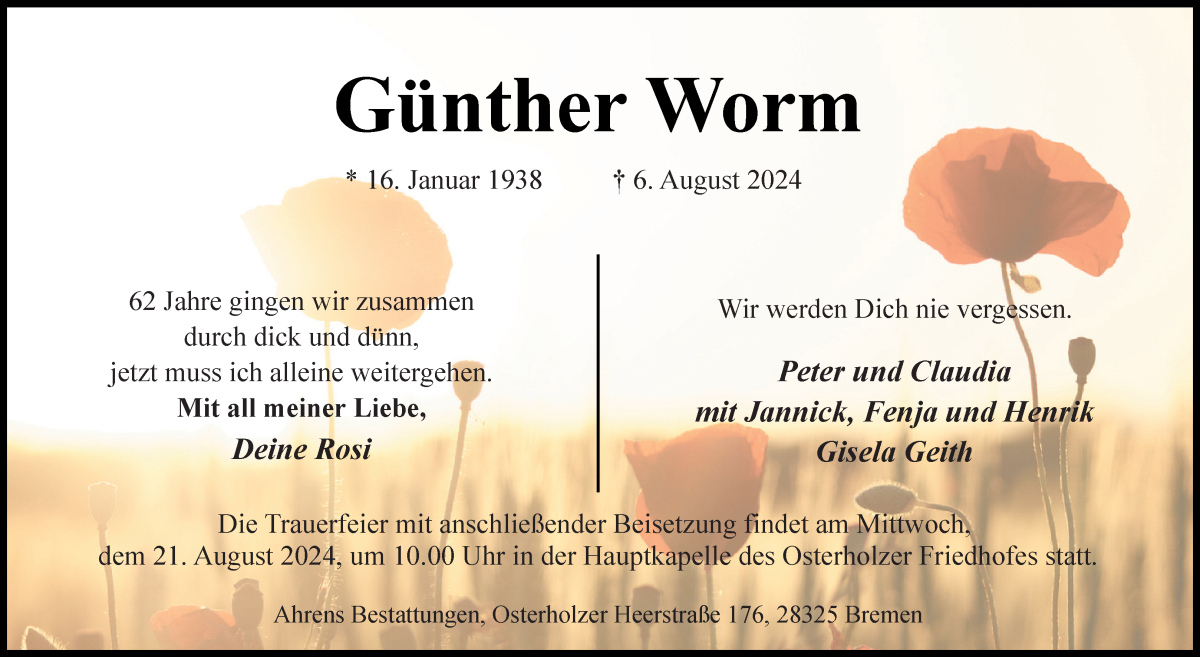 Traueranzeige von Günther Worm von WESER-KURIER