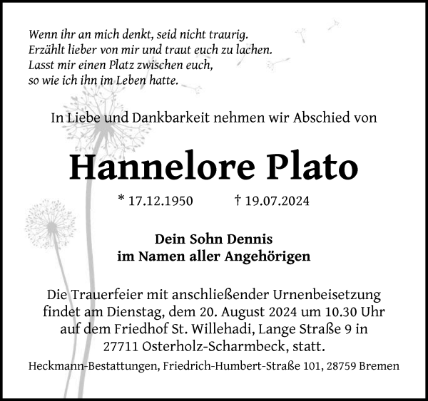 Traueranzeige von Hannelore Plato von Osterholzer Kreisblatt