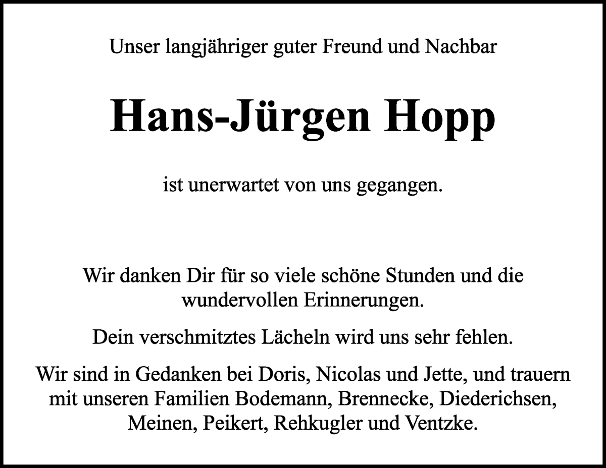 Traueranzeige von Hans-Jürgen Hopp von WESER-KURIER