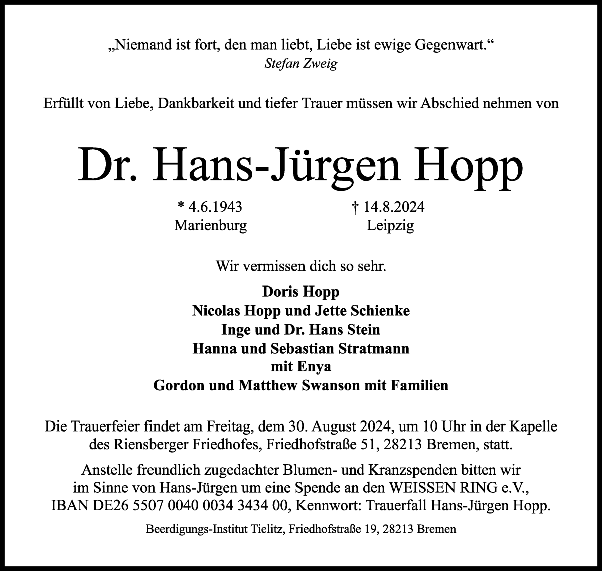 Traueranzeige von Hans-Jürgen Hopp von WESER-KURIER