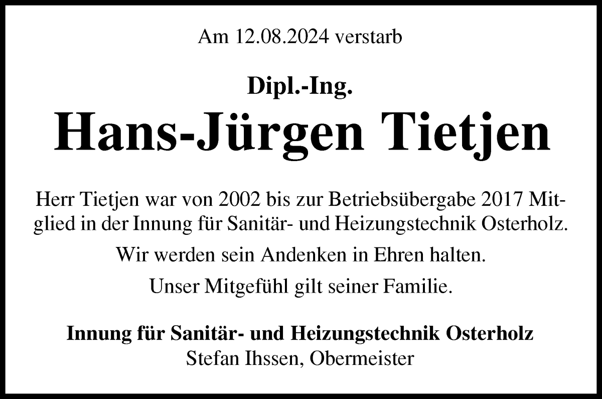 Traueranzeige von Hans-Jürgen Tietjen von Osterholzer Kreisblatt