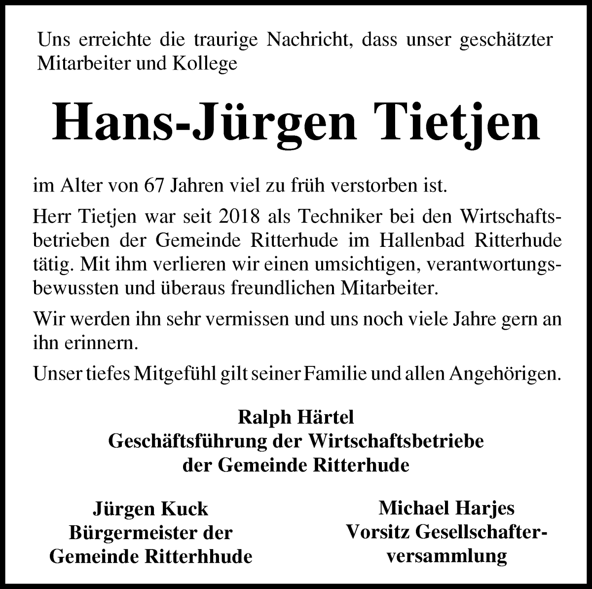 Traueranzeige von Hans-Jürgen Tietjen von Osterholzer Kreisblatt