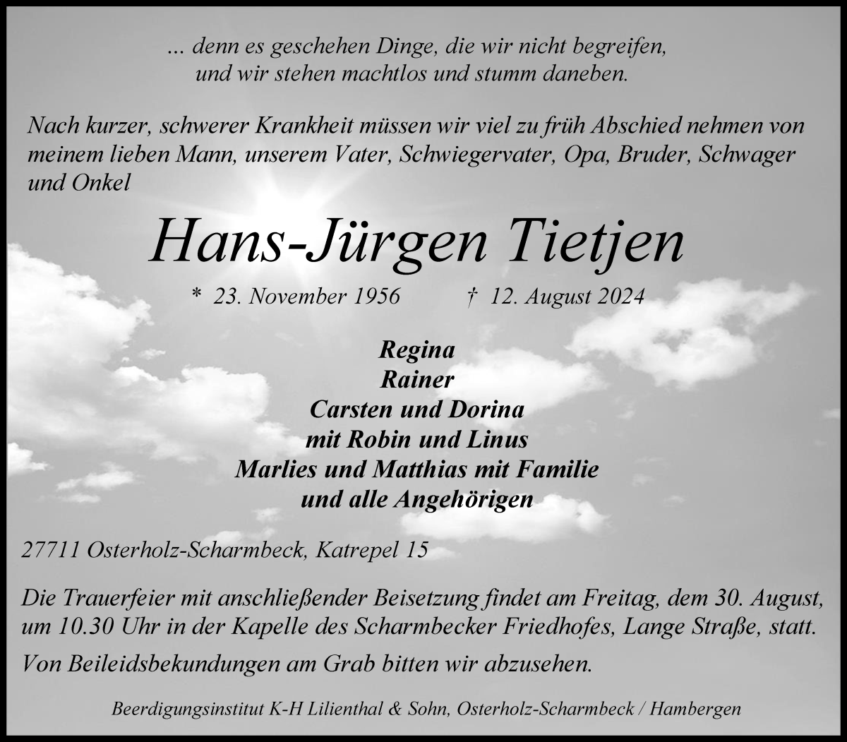  Traueranzeige für Hans-Jürgen Tietjen vom 17.08.2024 aus Osterholzer Kreisblatt