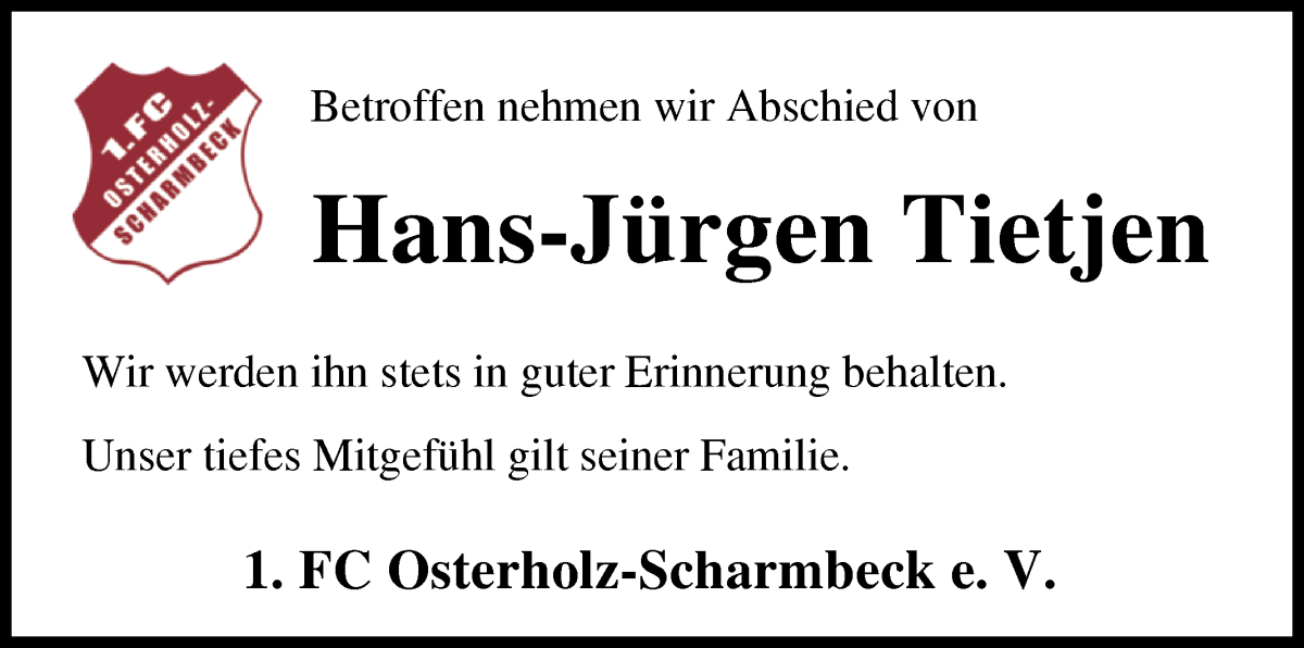 Traueranzeige von Hans-Jürgen Tietjen von Osterholzer Kreisblatt