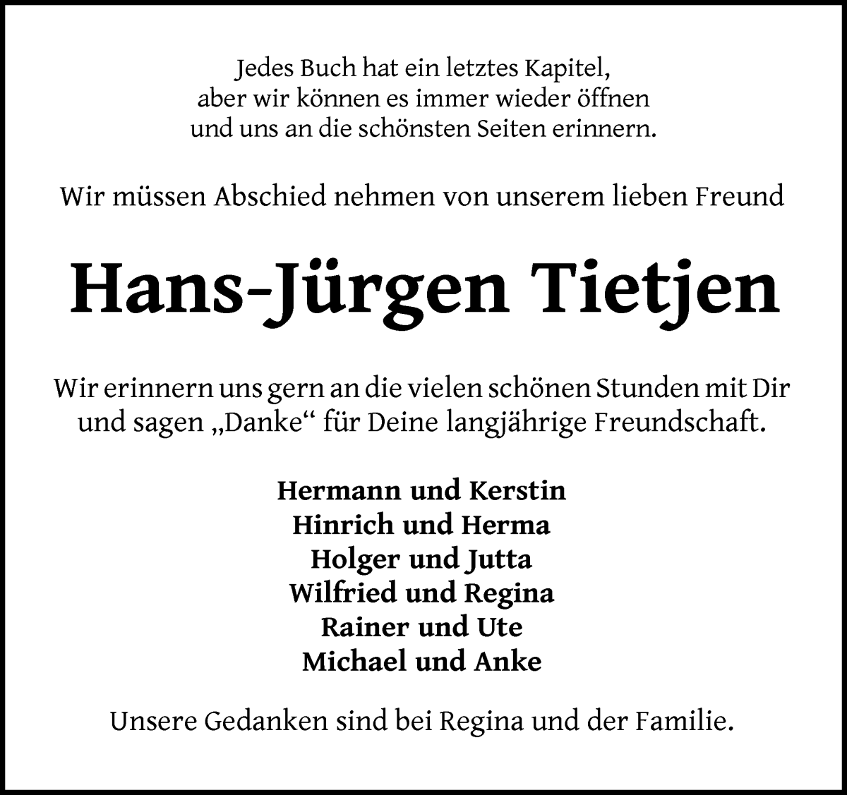 Traueranzeige von Hans-Jürgen Tietjen von Osterholzer Kreisblatt