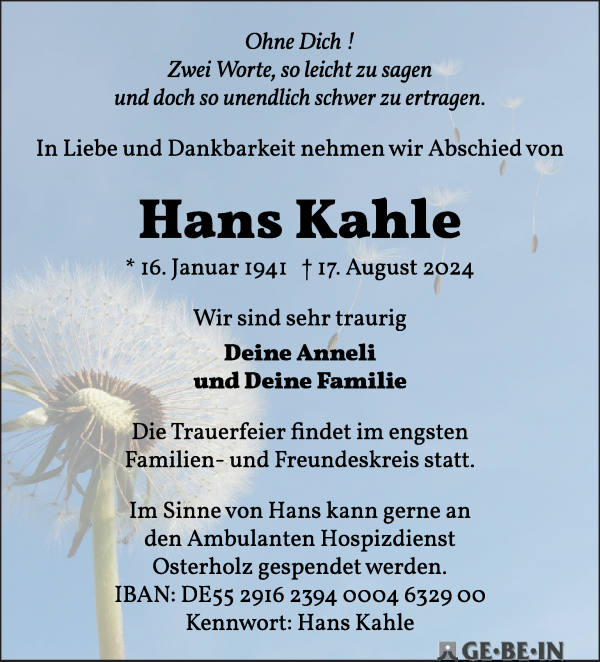 Traueranzeige von Hans Kahle von WESER-KURIER