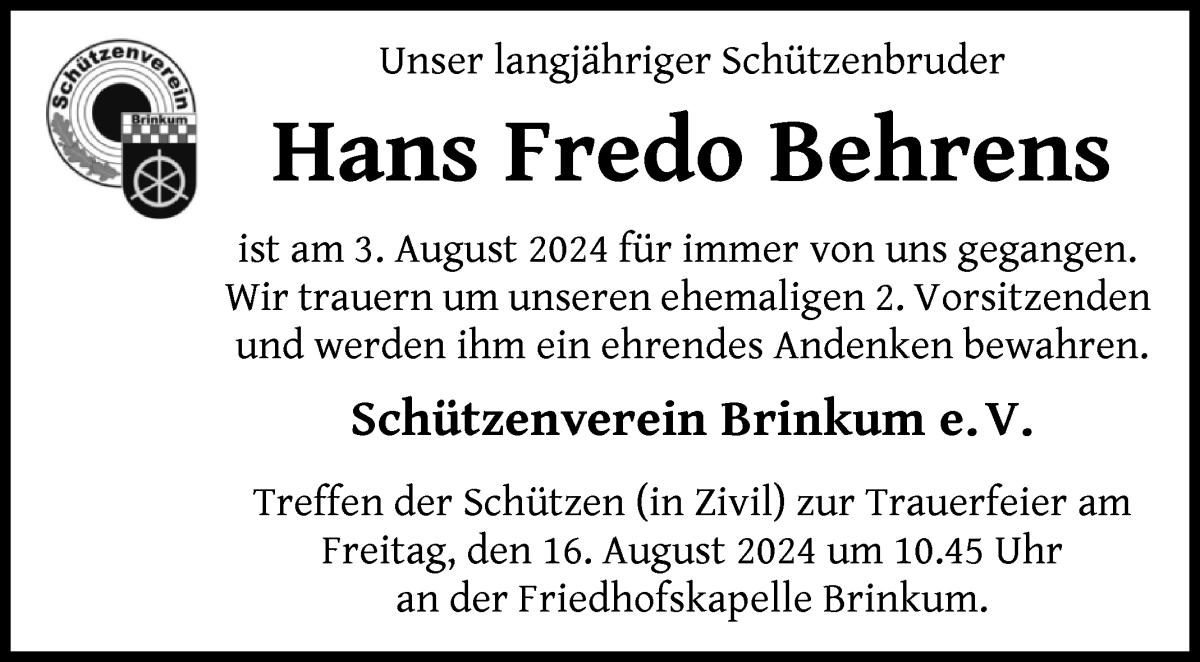 Traueranzeige von Hans Fredo Behrens von Regionale Rundschau/Syker Kurier