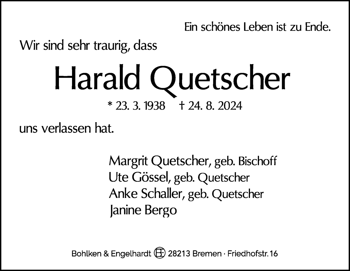  Traueranzeige für Harald Quetscher vom 31.08.2024 aus WESER-KURIER