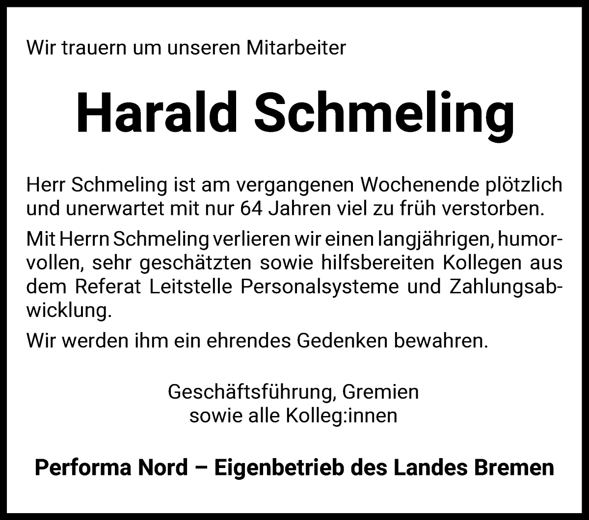  Traueranzeige für Harald Schmeling vom 24.08.2024 aus WESER-KURIER