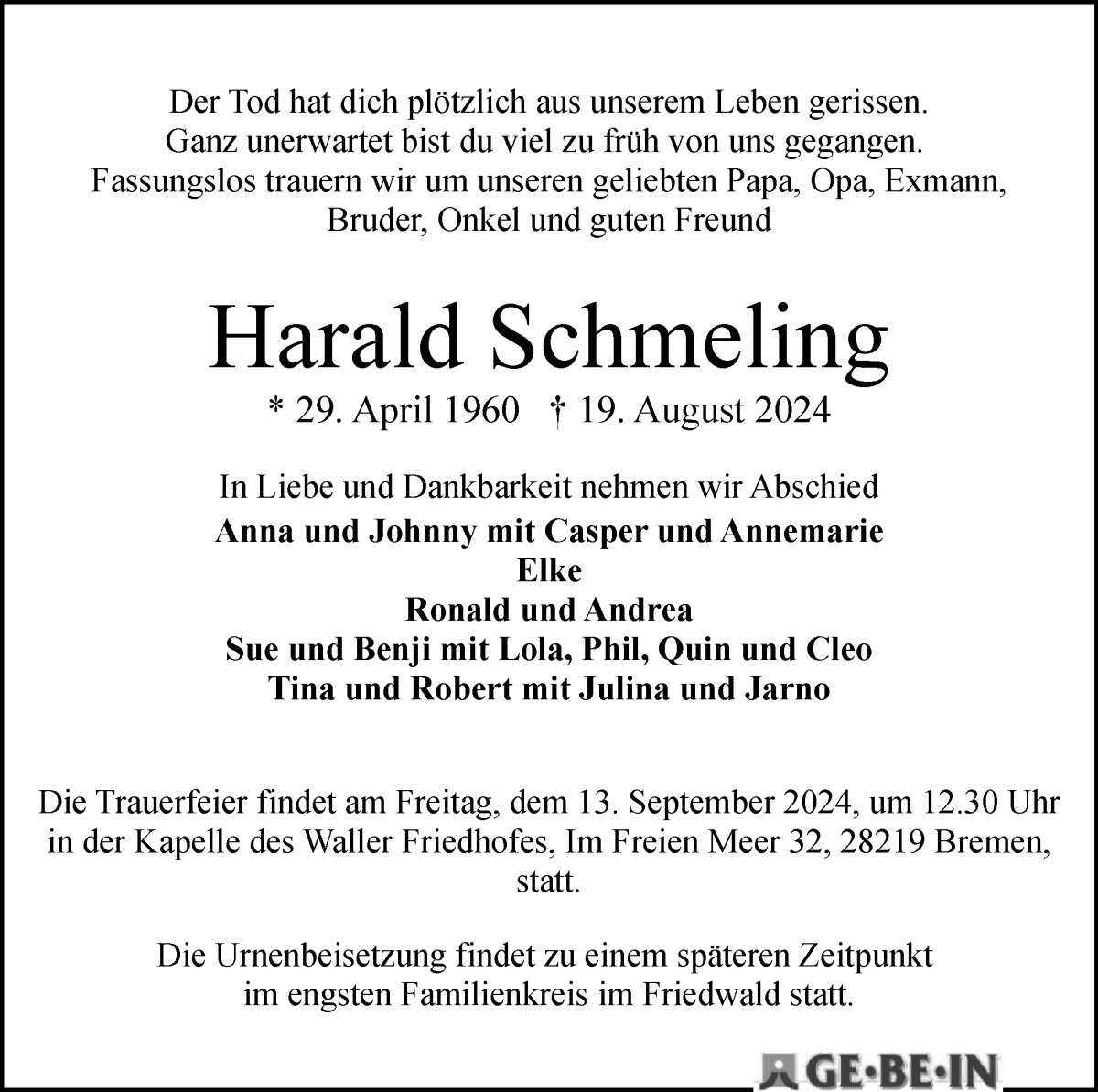  Traueranzeige für Harald Schmeling vom 24.08.2024 aus WESER-KURIER