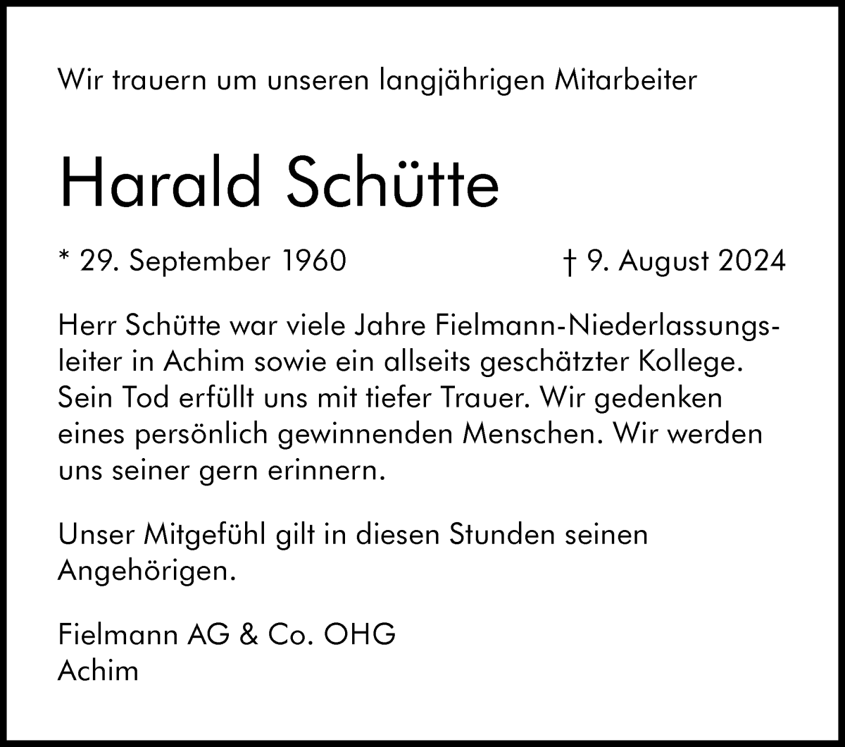 Traueranzeige von Harald Schütte von Achimer Kurier/Verdener Nachrichten