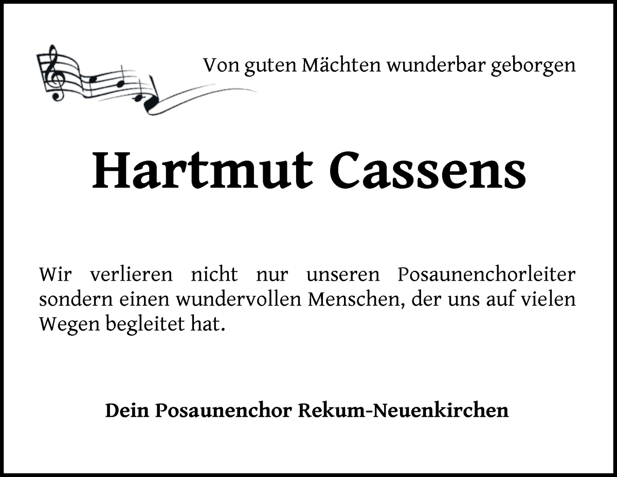 Traueranzeige von Hartmut Cassens von Die Norddeutsche