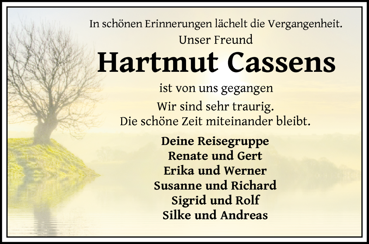 Traueranzeige von Hartmut Cassens von Die Norddeutsche