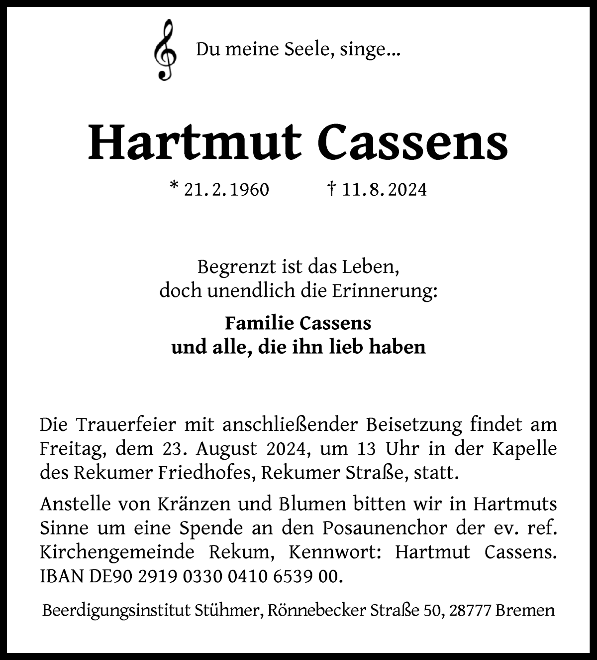 Traueranzeige von Hartmut Cassens von Die Norddeutsche