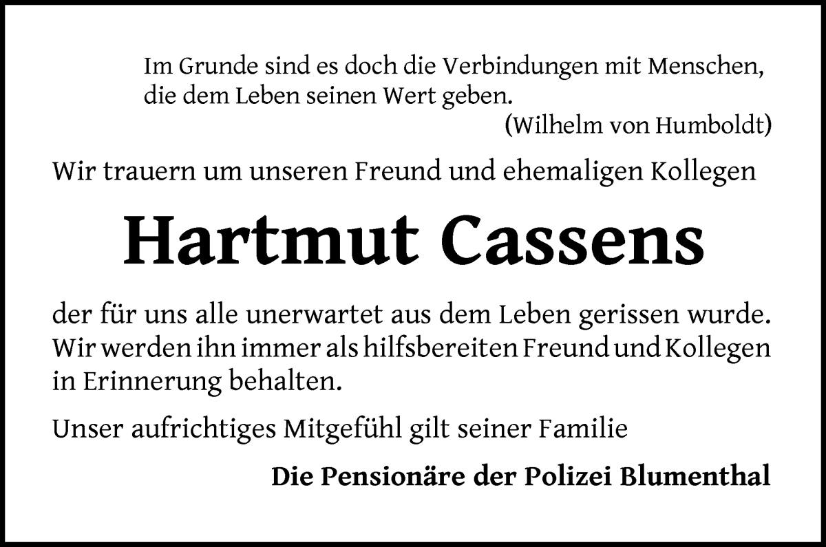 Traueranzeige von Hartmut Cassens von Die Norddeutsche