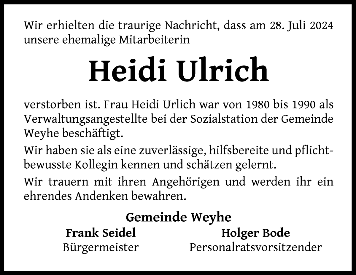 Traueranzeige von Heidi Ulrich von Regionale Rundschau/Syker Kurier