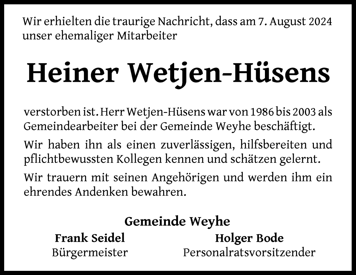 Traueranzeige von Heiner Wetjen von Regionale Rundschau/Syker Kurier