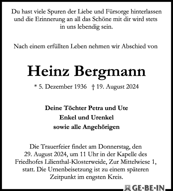 Traueranzeige von Heinz Bergmann von WESER-KURIER