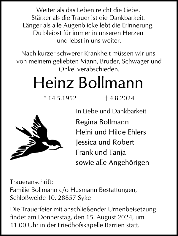 Traueranzeige von Heinz Bollmann von WESER-KURIER