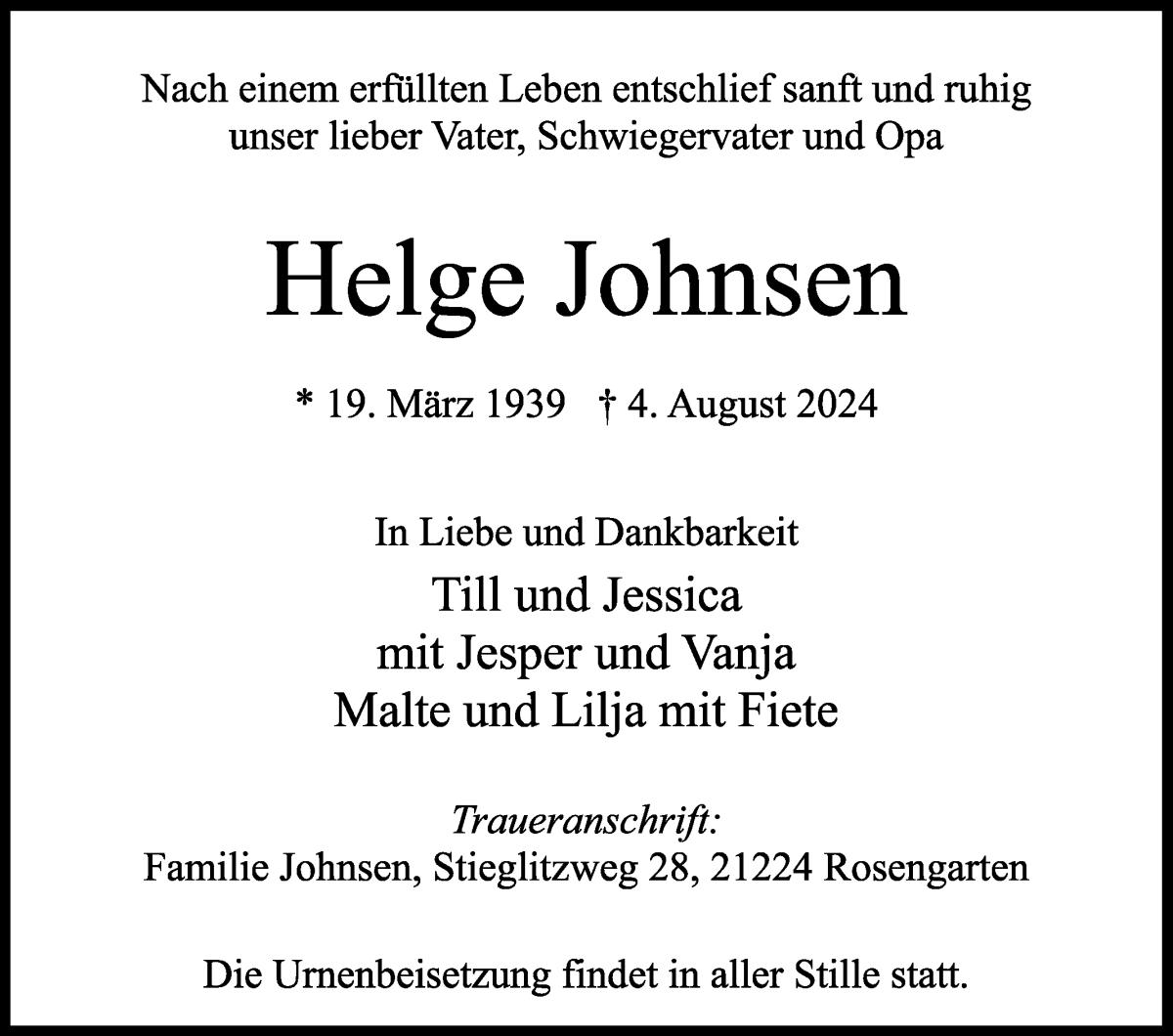 Traueranzeige von Helge Johnsen von Wuemme Zeitung