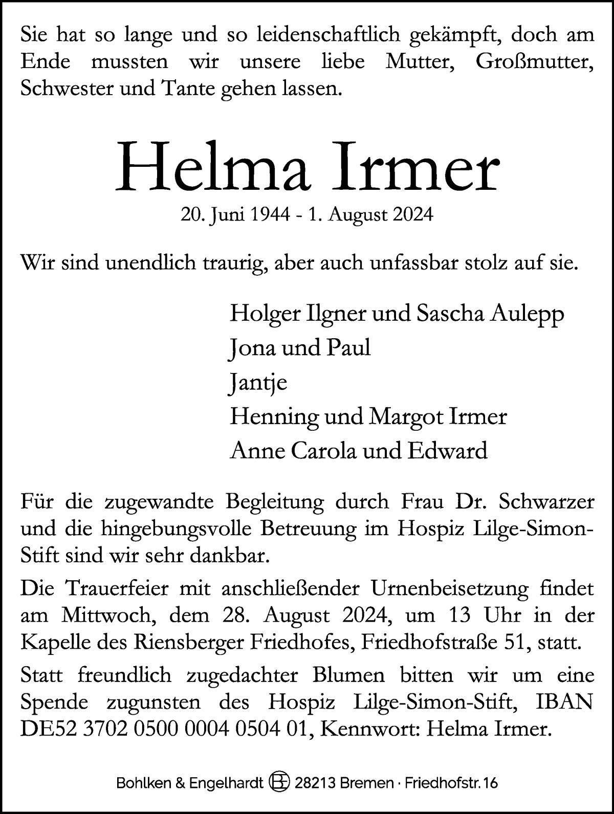 Traueranzeige von Helma Irmer von WESER-KURIER