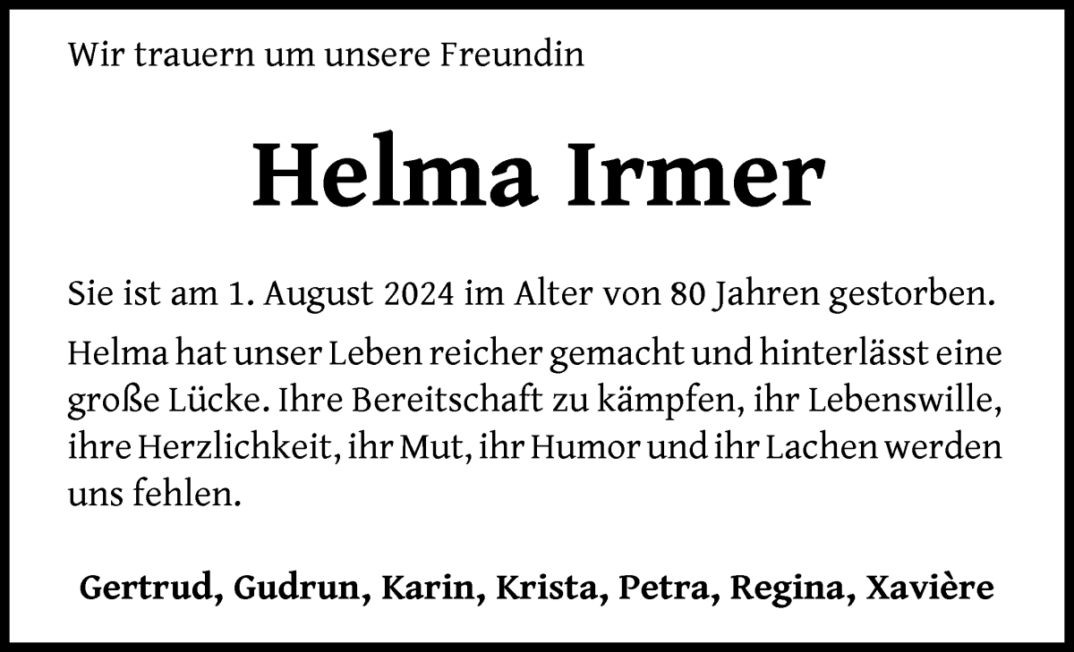 Traueranzeige von Helma Irmer von WESER-KURIER