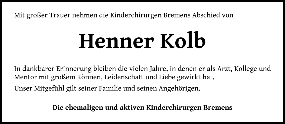 Traueranzeige von Henner Kolb von WESER-KURIER