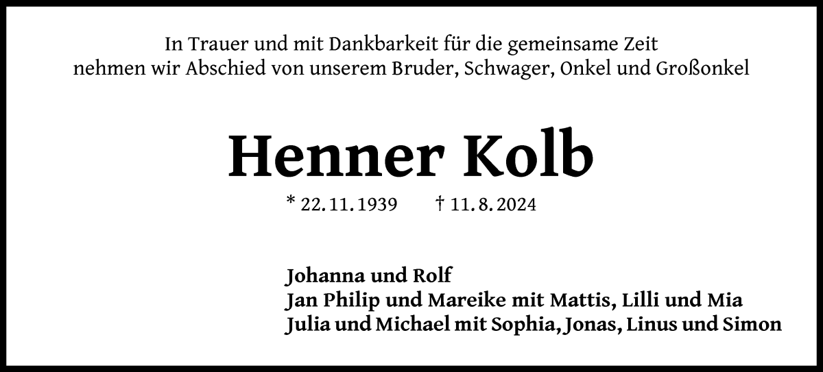 Traueranzeige von Henner Kolb von WESER-KURIER