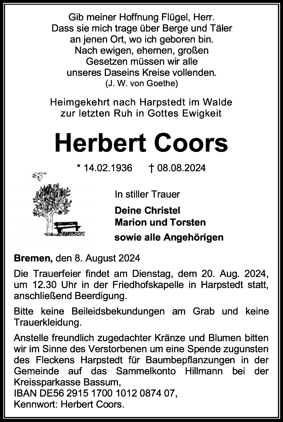 Traueranzeige von Herbert  Coors von WESER-KURIER