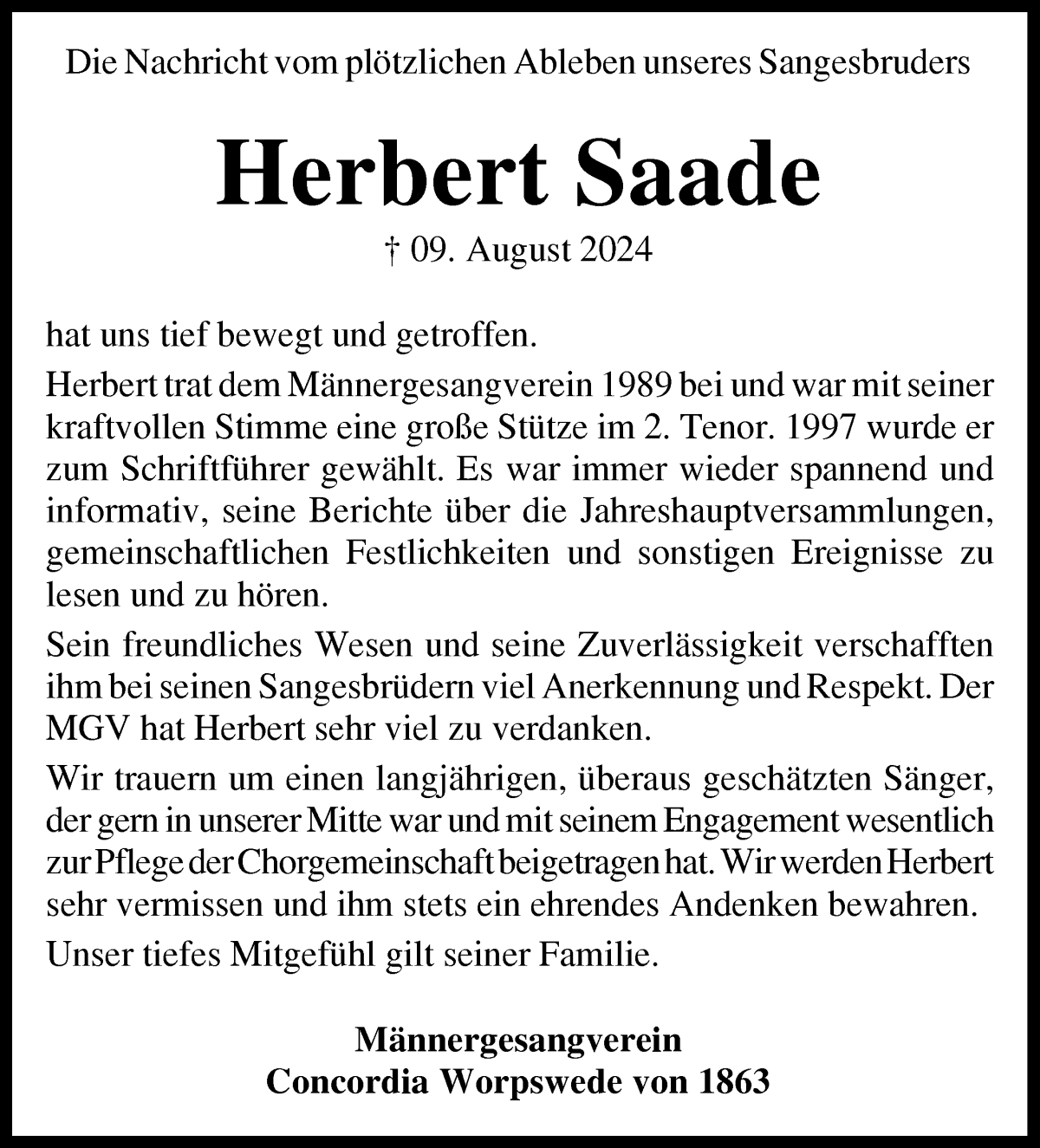 Traueranzeige von Herbert Saade von Wuemme Zeitung