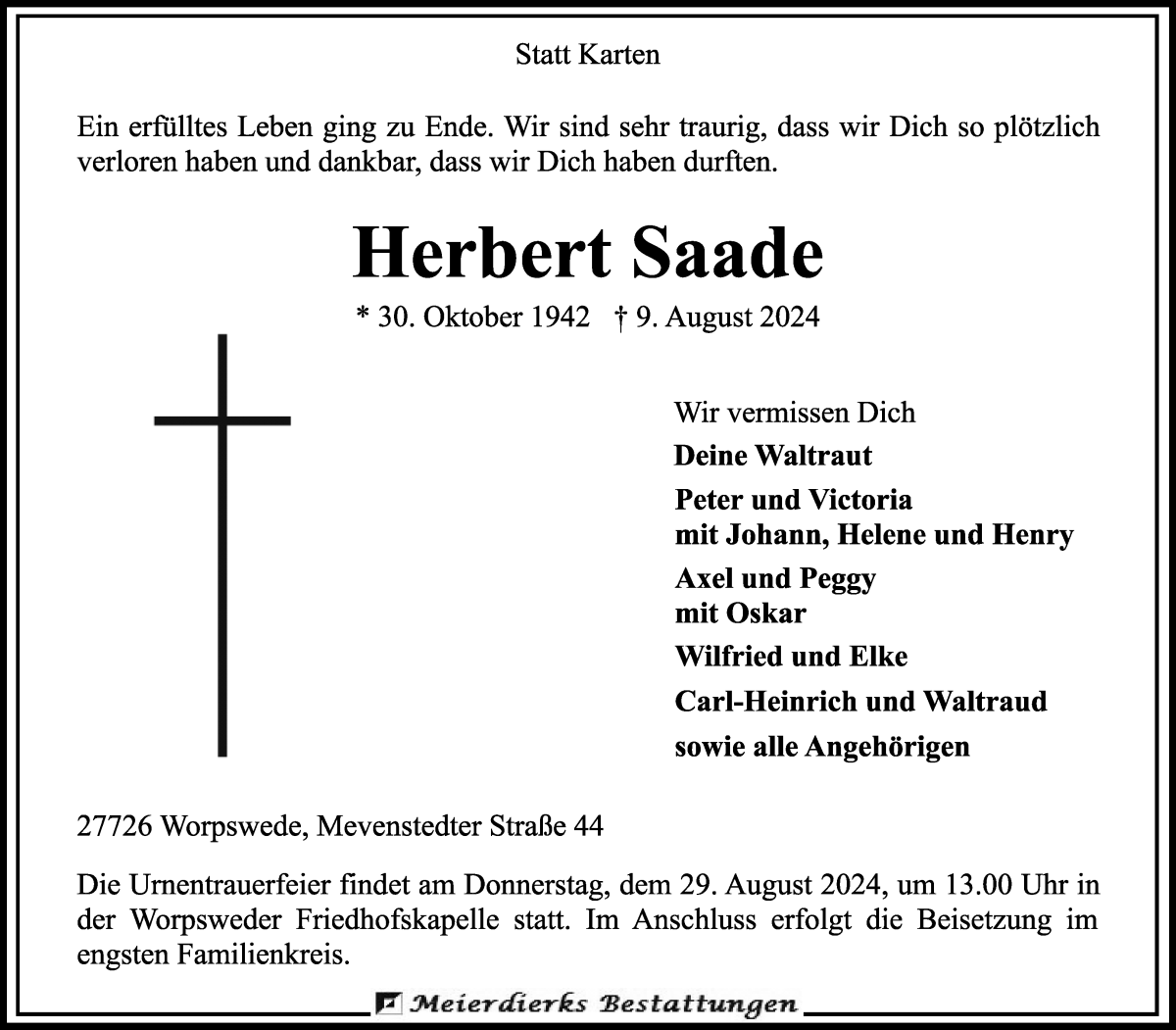 Traueranzeige von Herbert Saade von Wuemme Zeitung