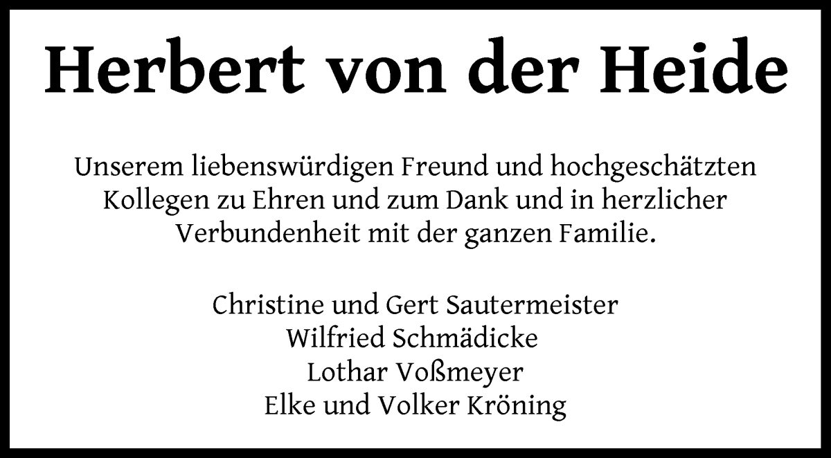  Traueranzeige für Herbert von der Heide vom 27.08.2024 aus WESER-KURIER