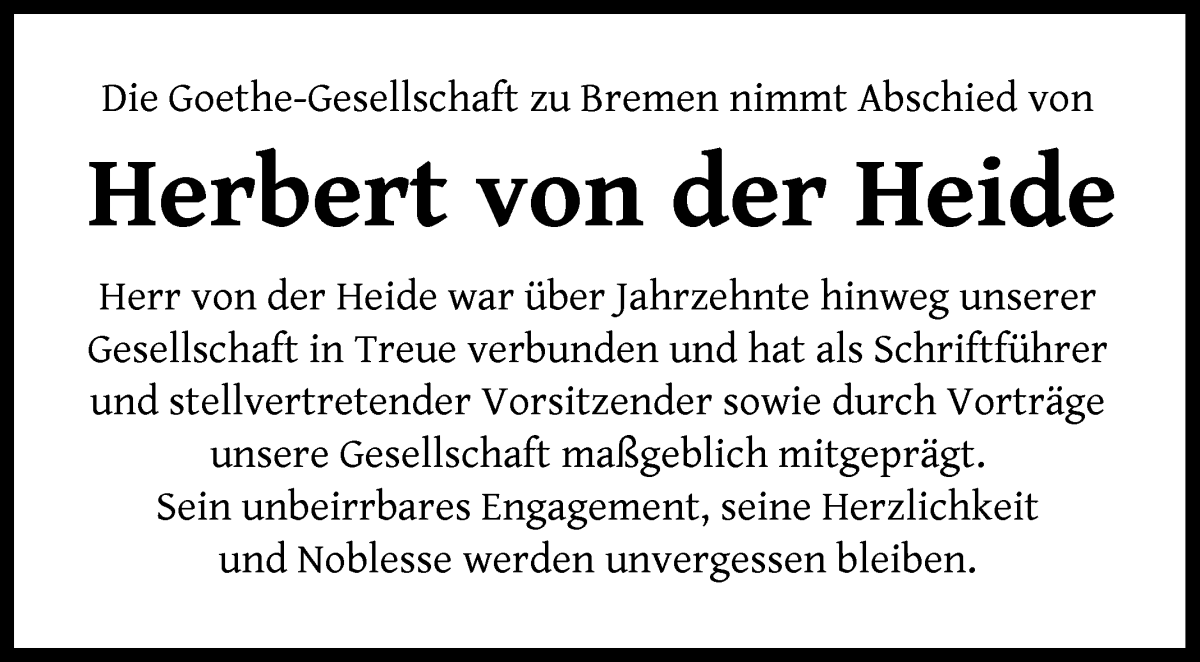 Traueranzeige von Herbert von der Heide von WESER-KURIER