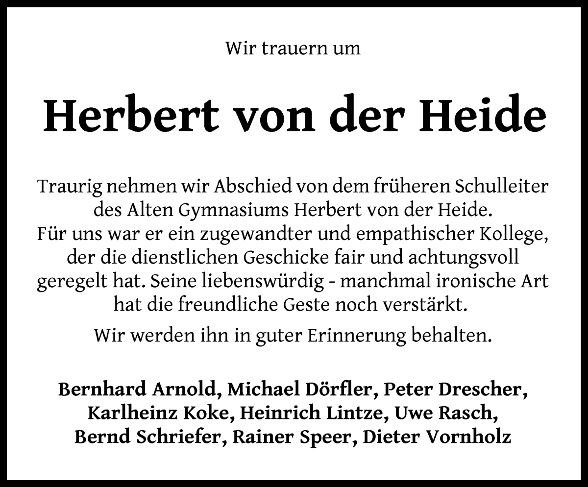 Traueranzeige von Herbert von der Heide von WESER-KURIER