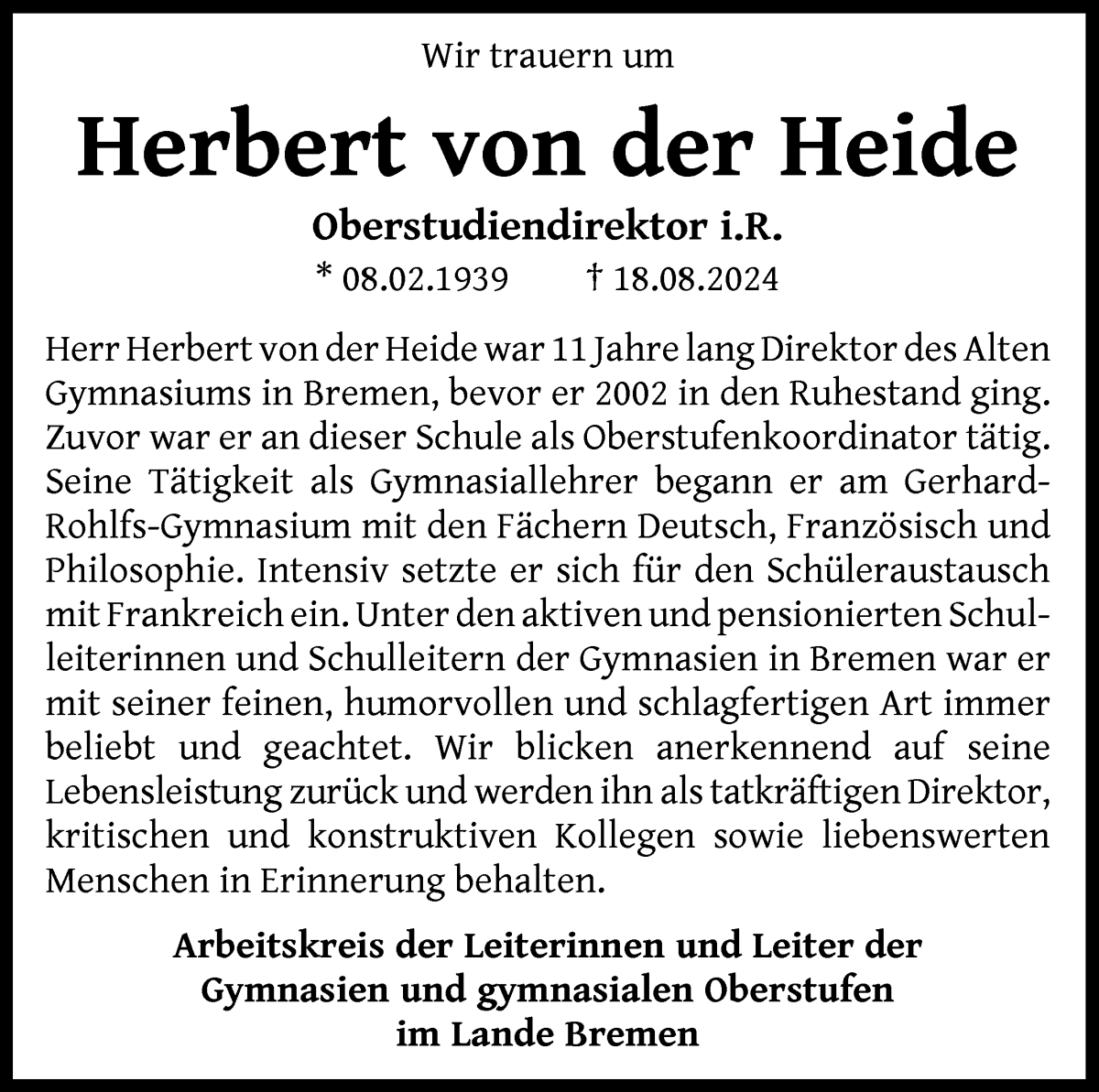 Traueranzeige von Herbert von der Heide von WESER-KURIER