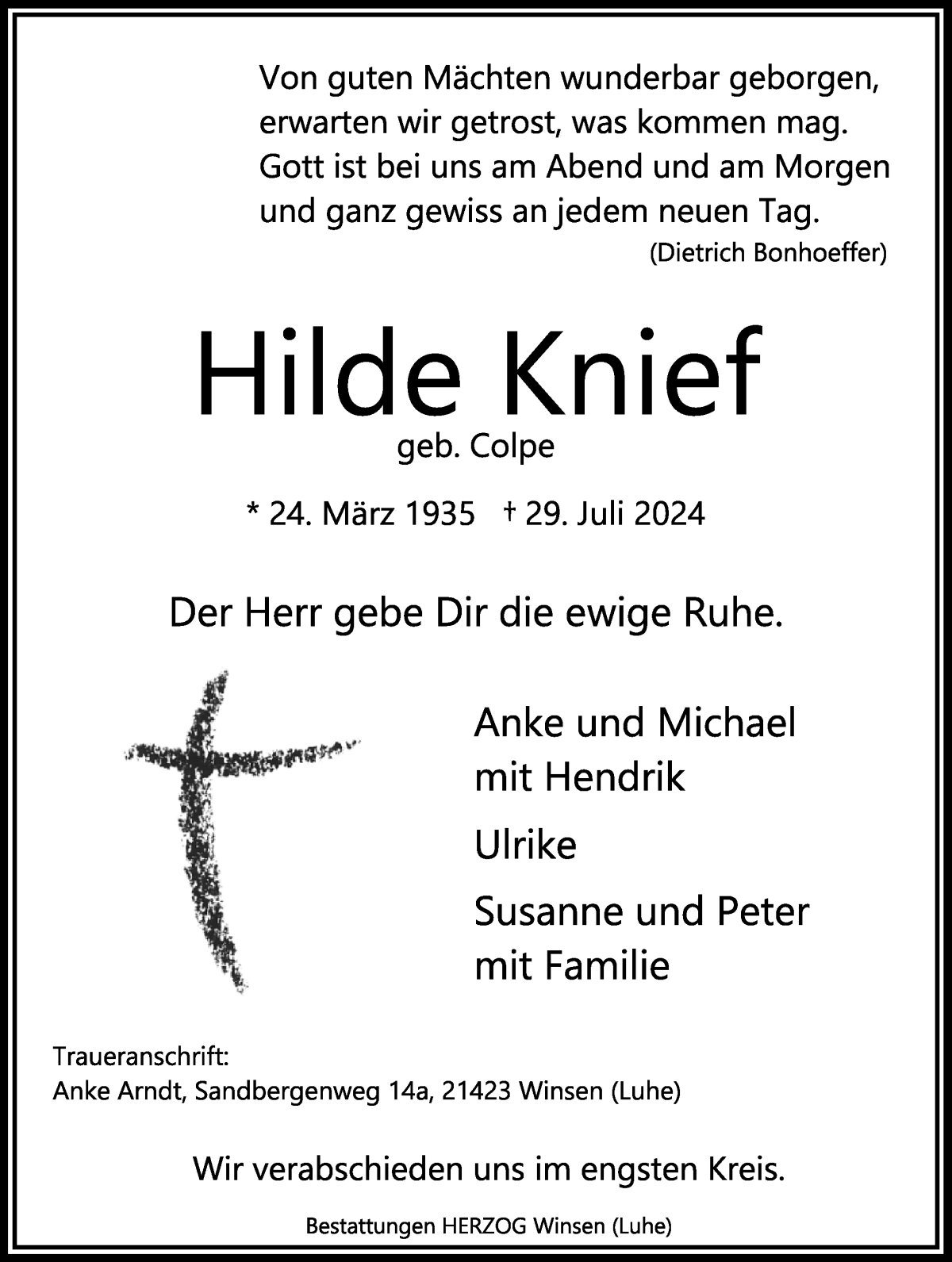 Traueranzeige von Hilde Knief von Osterholzer Kreisblatt